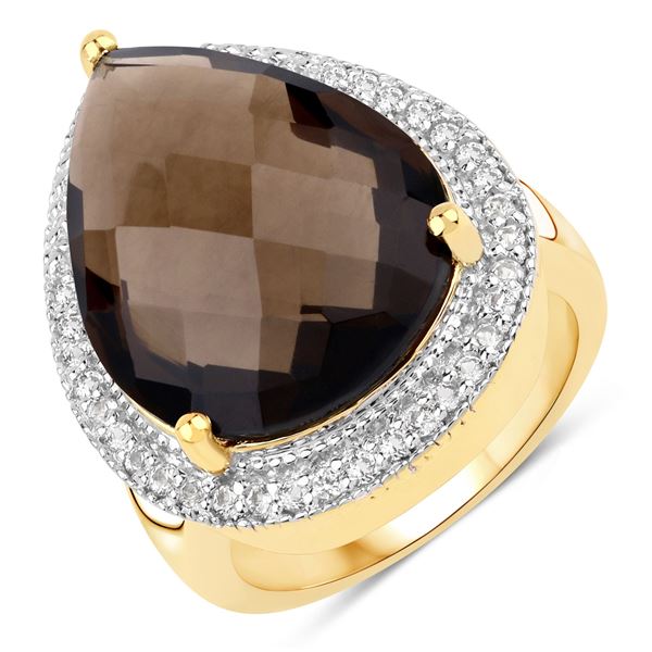 Plated 18KT Yellow Gold 14.25ctw Smoky Quartz and White Topaz Ring