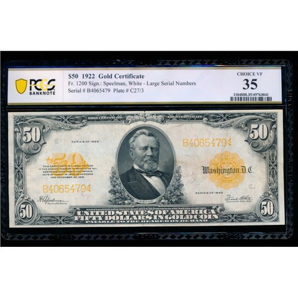 1922 $50 Gold Certificate PCGS 35