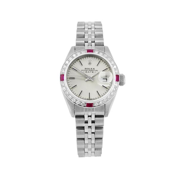 Rolex Ladies Stainless Steel Ruby And Diamond Bezel Date Watch