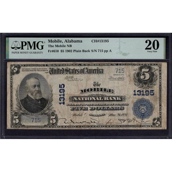 1902 $5 Mobile AL National PMG 20