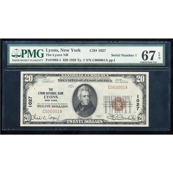 1929 $20 SERIAL 1 Lyons NY National PMG 67EPQ