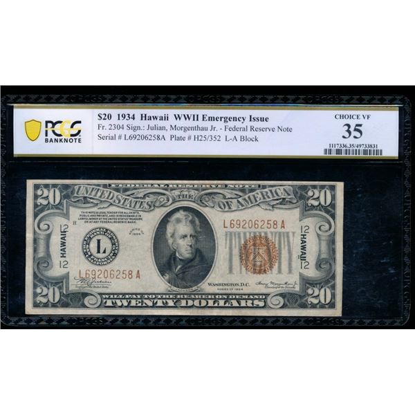1934 $20 Hawaii FRN PCGS 35