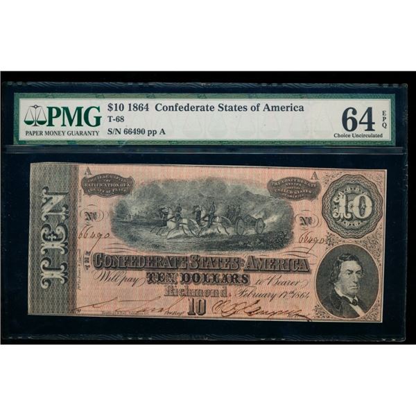 1864 $10 T-68 Confederate PMG 64EPQ