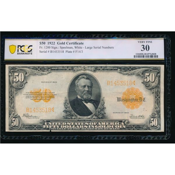 1922 $50 Gold Certificate PCGS 30