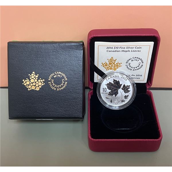 2016 $10 Fine Silver Coin - Canadian Maple Leaves, 99.99% Pure Silver, 0.5oz