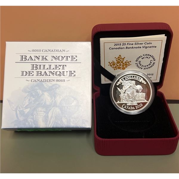 2015 $5 Fine Silver Coin, 99.99% Pure Silver - 1935 $5 Canadian Bank Note Vignette, 0.8oz