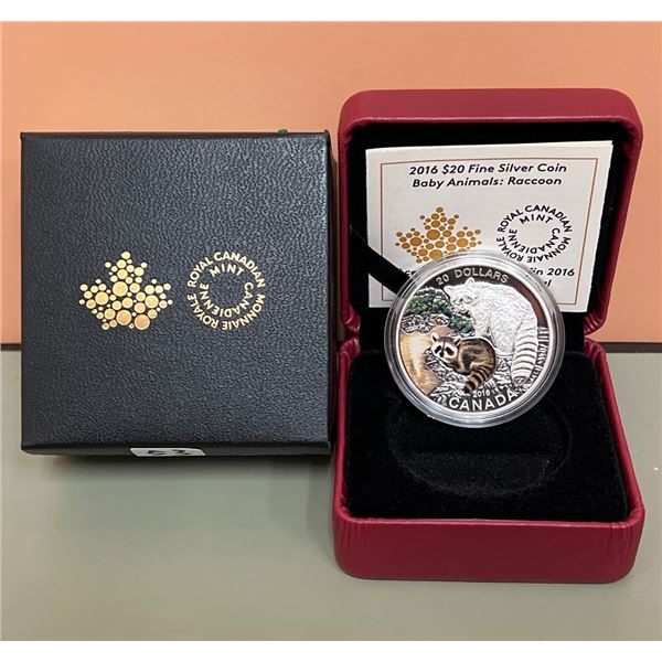 2016 $20 Fine Silver Coin - Baby Animals (Raccoon), 99.99% Pure Silver, 1oz
