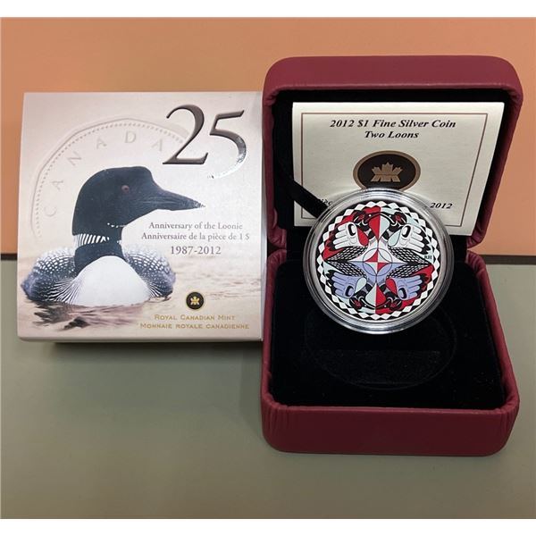 2012 $1 Fine Silver Coin - Two Loons, 25th Anniversary of the Loonie - 99.99% Pure Silver, 1oz
