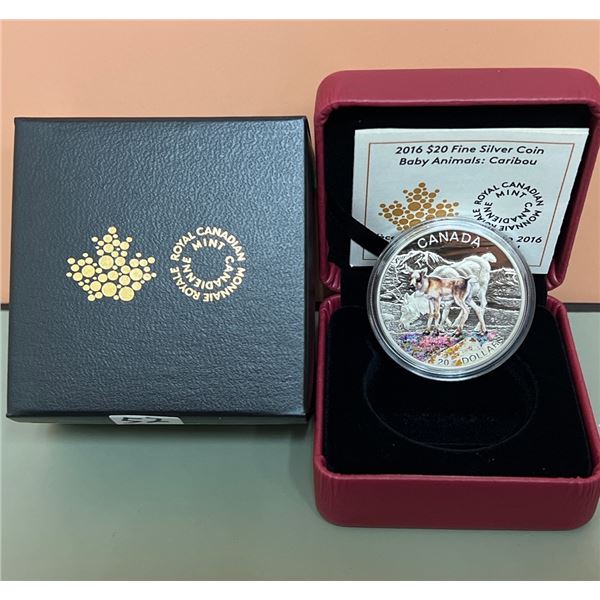 2016 $20 Fine Silver Coin - Baby Animals: Caribou - 99.99% Pure Silver, 1oz