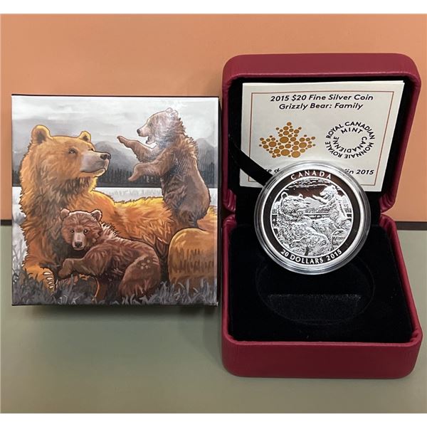 2015 $20 Fine Silver Coin - Grizzly Bear: Family - 99.99% Pure Silver, 1oz