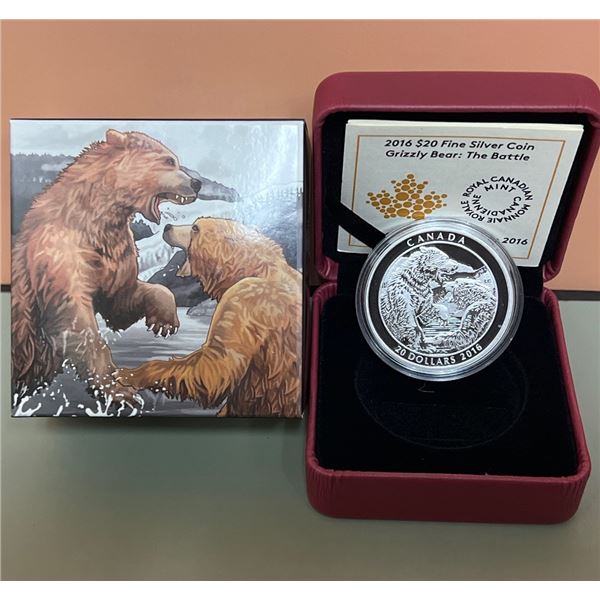 2016 $20 Fine Silver Coin - Grizzly Bear: The Battle - 99.99% Pure Silver, 1oz