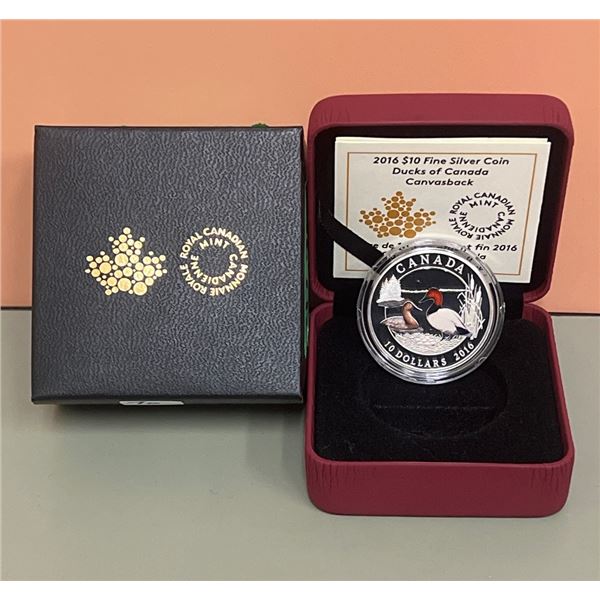 2016 $10 Fine Silver Coin - Ducks of Canada - Canvasback - 99.99% Pure Silver, 0.5oz