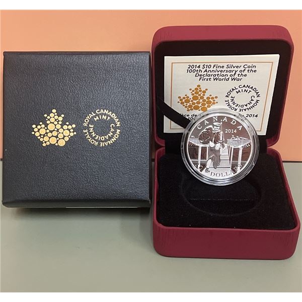 2014 $10 Fine Silver Coin - 100th Anniversary of the Declaration of WW1 - The Mobilization of our Na