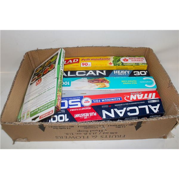 TIN FOIL/CELLOPHANE/WAX PAPER ROLLS- BOX LOT