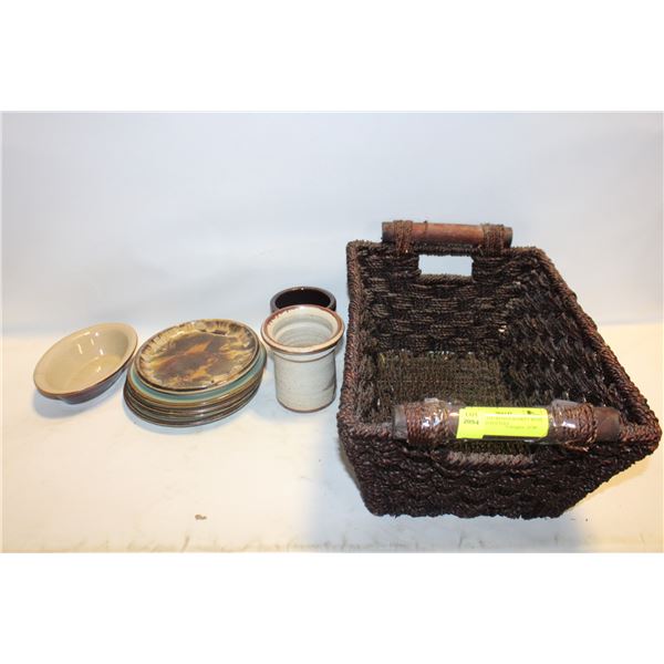 DECORATIVE WOVEN BASKET WITH ASSORTED POTTERY