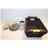 Image 1 : DECORATIVE WOVEN BASKET WITH ASSORTED POTTERY