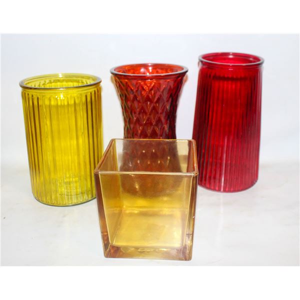 COLORED GLASS VASES ASSORTED