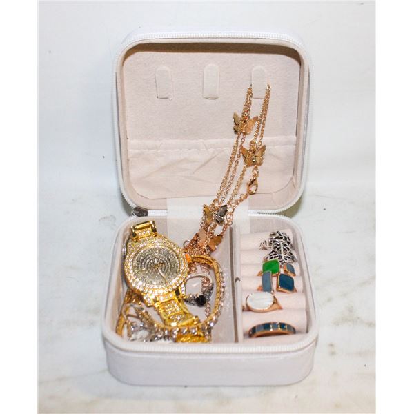 TRAVELING JEWELRY BOX FULL OF JEWELRY