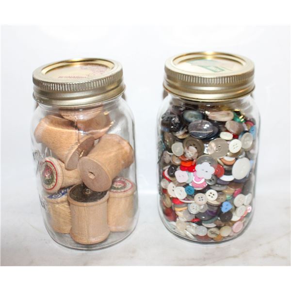 VINTAGE WOOD SEWING SPOOLS & BUTTONS IN