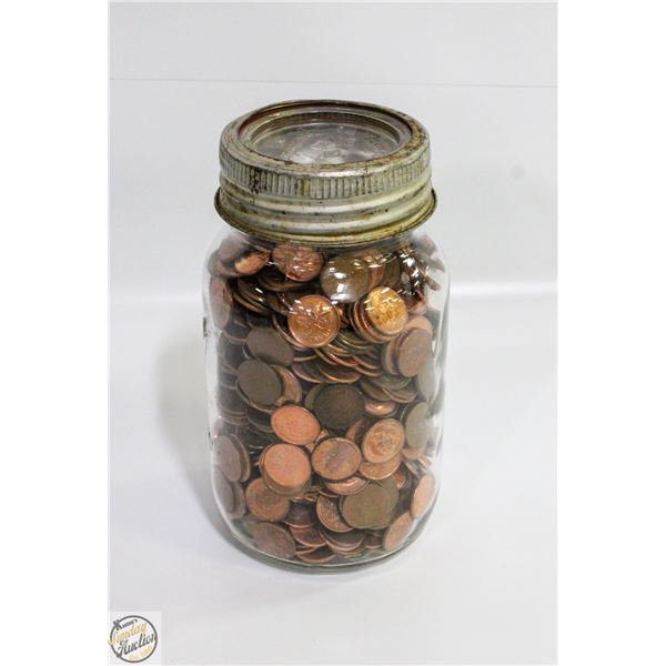OLD MASON JAR OF PENNIES