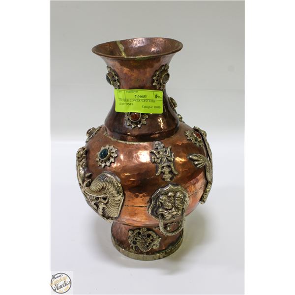 ANTIQUE COPPER VASE WITH GEMSTONES