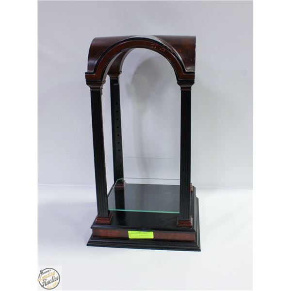 TALL WOOD AND GLASS DISPLAY CASE.