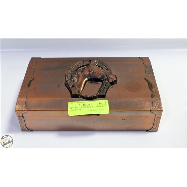 VINTAGE METAL BOX W/HORSE & HORSESHOE.