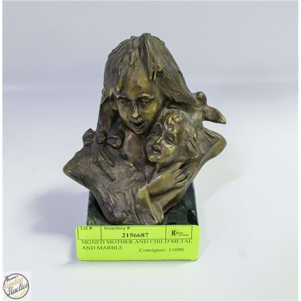 SIGNED MOTHER AND CHILD METAL AND MARBLE