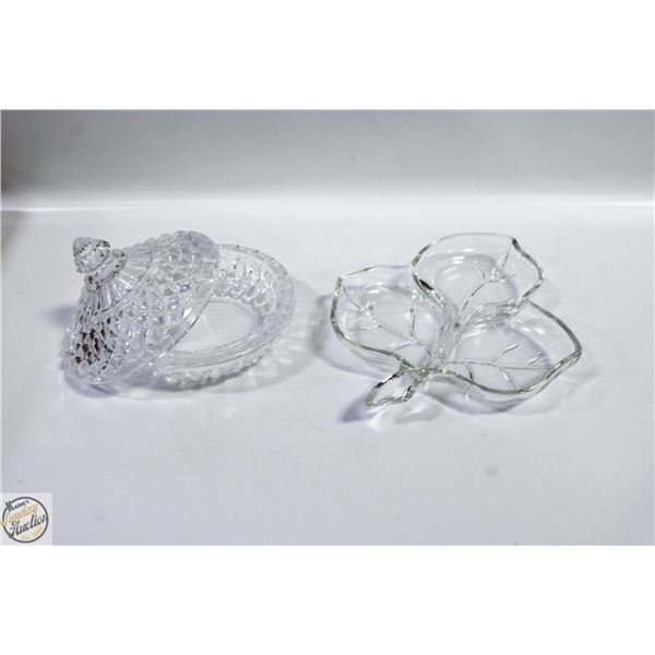 CRYSTAL 3 LEAF APPY TRAY WITH CANDY DISH/LID