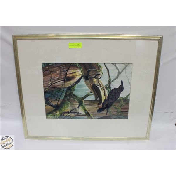 WATERCOLOR OF A CROW PERCHED ON A