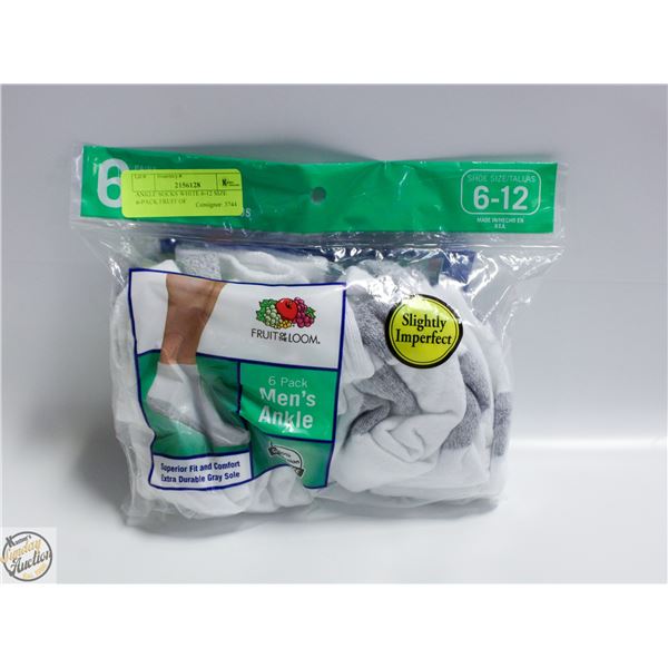 ANKLE SOCKS WHITE 6-12 SIZE 6-PACK FRUIT OF