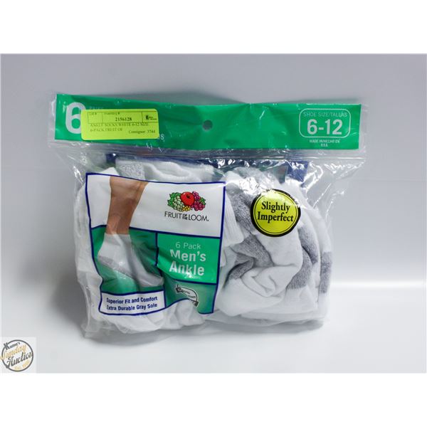 ANKLE SOCKS WHITE 6-12 SIZE 6-PACK FRUIT OF