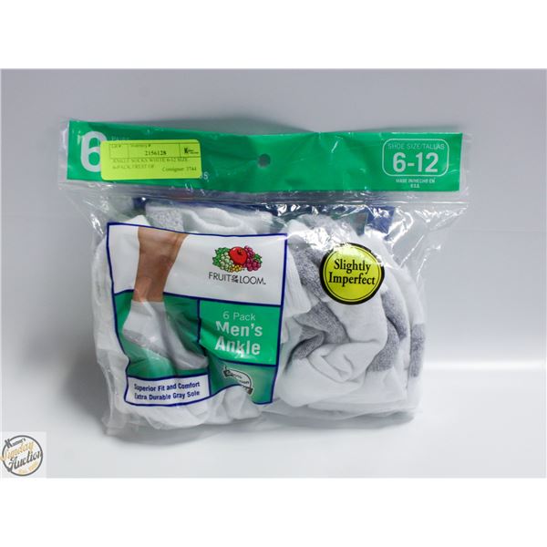 ANKLE SOCKS WHITE 6-12 SIZE 6-PACK FRUIT OF