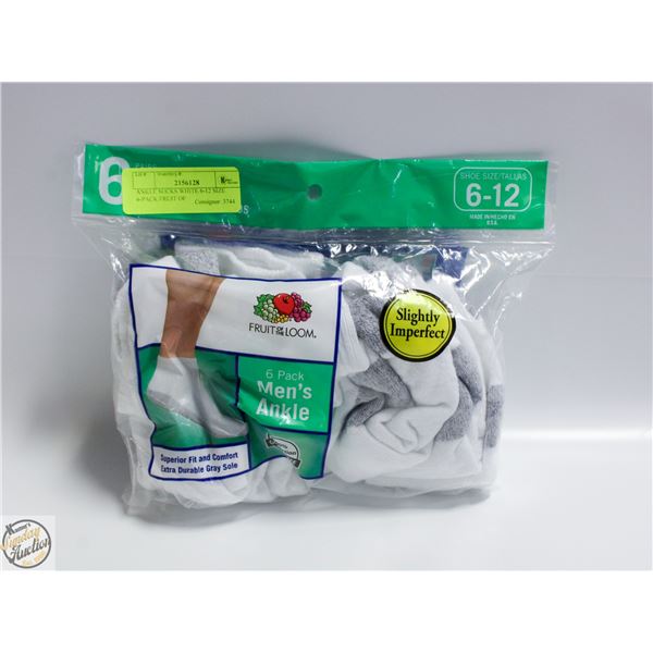 ANKLE SOCKS WHITE 6-12 SIZE 6-PACK FRUIT OF