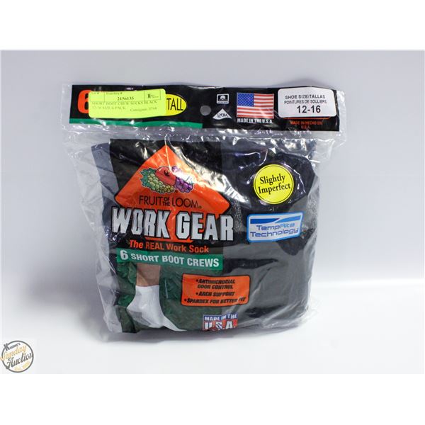 SHORT BOOT CREW SOCKS BLACK 12-16 SIZE 6-PACK