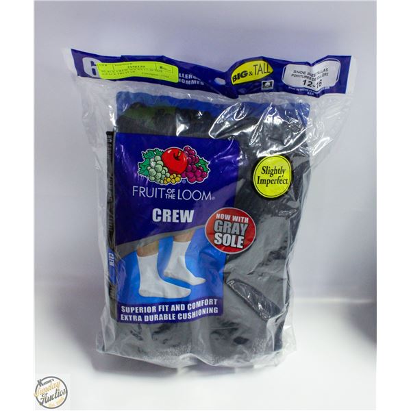 BLACK CREW SOCKS 12-16 SIZE 6-PACK FRUIT OF