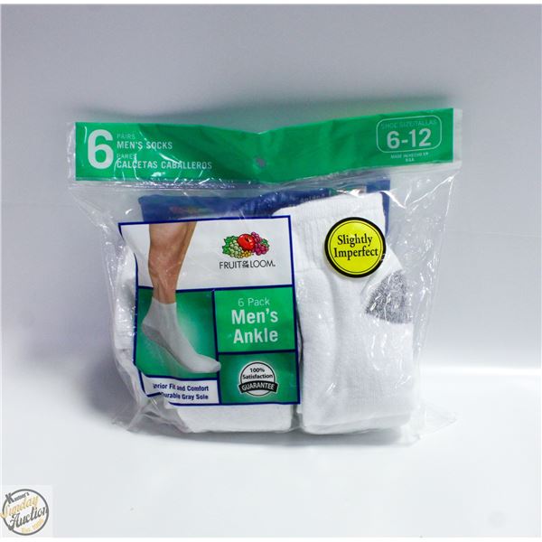 ANKLE SOCKS WHITE 6-12 SIZE 6-PACK FRUIT OF