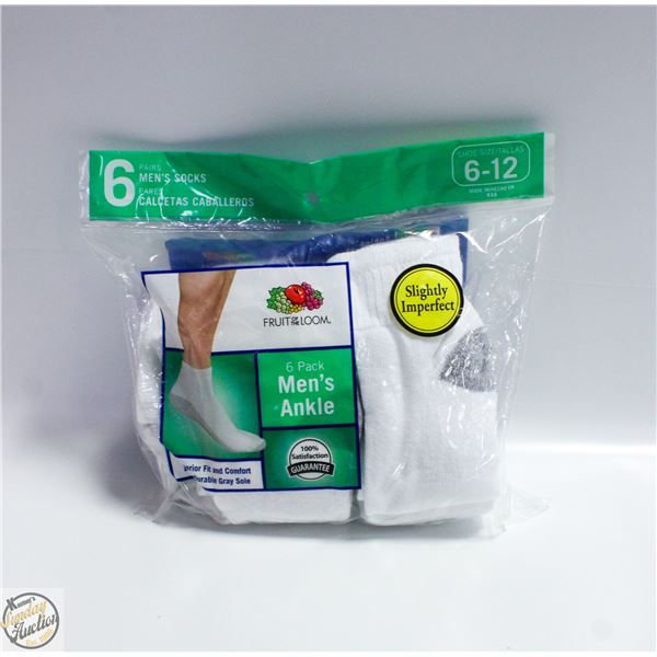 ANKLE SOCKS WHITE 6-12 SIZE 6-PACK FRUIT OF