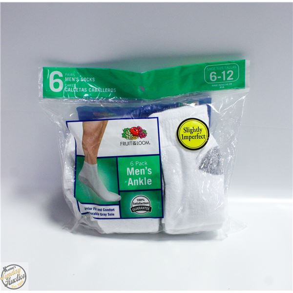 ANKLE SOCKS WHITE 6-12 SIZE 6-PACK FRUIT OF
