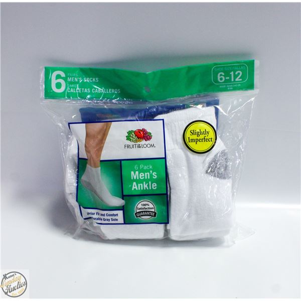 ANKLE SOCKS WHITE 6-12 SIZE 6-PACK FRUIT OF
