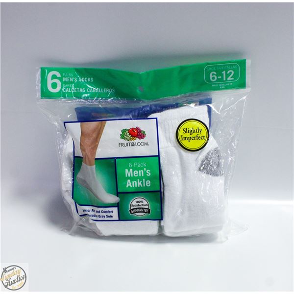 ANKLE SOCKS WHITE 6-12 SIZE 6-PACK FRUIT OF