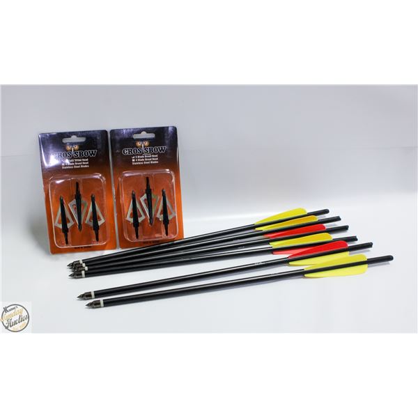 6 CROSSBOW ARROWS & 6 NEW 3 BLADE HUNTING TIPS