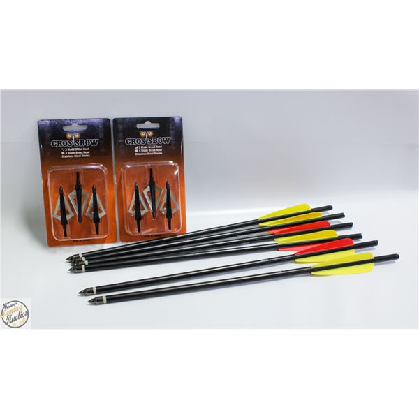6 CROSSBOW ARROWS & 6 NEW 3 BLADE HUNTING TIPS