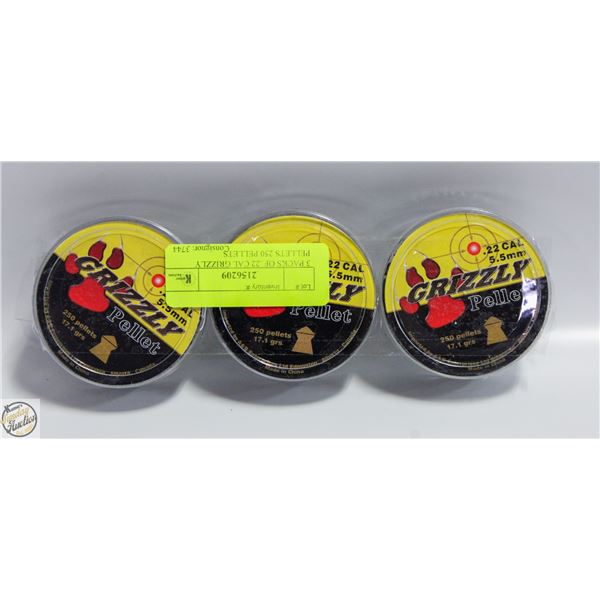 3 PACKS OF .22 CAL GRIZZLY PELLETS 250 PELLETS