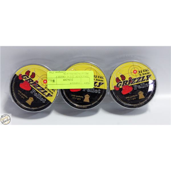 3 PACKS OF .22 CAL GRIZZLY PELLETS 250 PELLETS