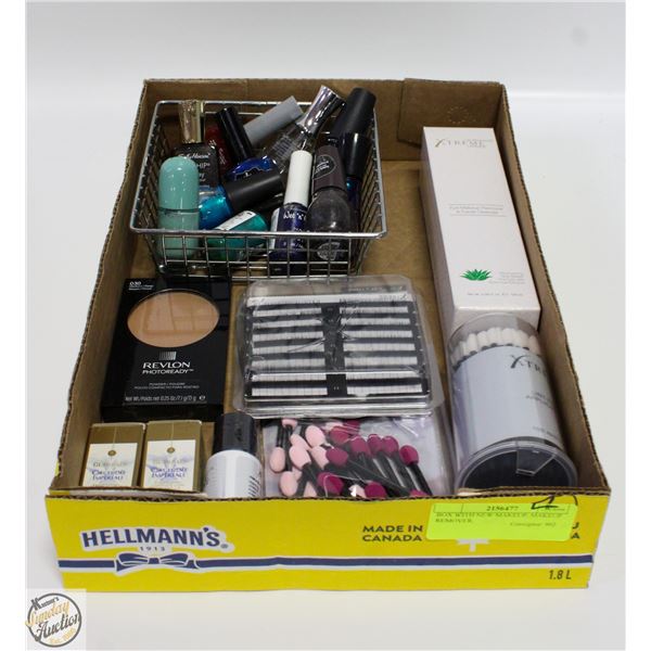 BOX WITH UNUSED MAKEUP, MAKEUP REMOVER,