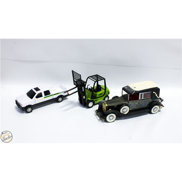 3 TOY VEHICLES - CLARK FORKLIFT, JOHN DEERE