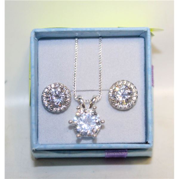 NEW SILVER-PLATED EARRING+NECKLACE SET CZ