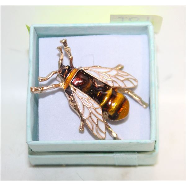 NEW BEE BROOCH BLACK AND AMBER ENAMEL