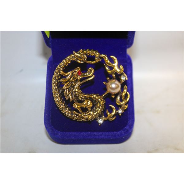 NEW GOLD TONE DRAGON BROOCH 1.69”X1.77”